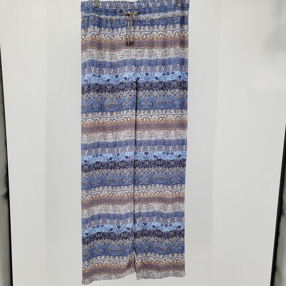 Artisan NY Pants Sz M Wide Leg Blue Paisley Artsy 100% Rayon Hippie Boho Lounge